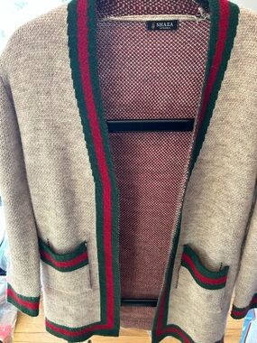 Vintage Shaza Grey Cardigan with Green & Red Trim, from Turkey